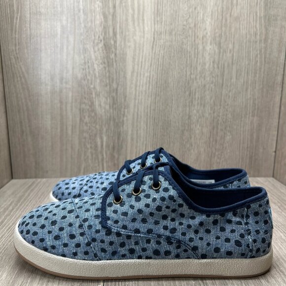 Toms Paseo Sneakers Youth Sz 6 Lace Up Flat Cornflower Slub Chambray Broken Dots - Picture 2 of 11